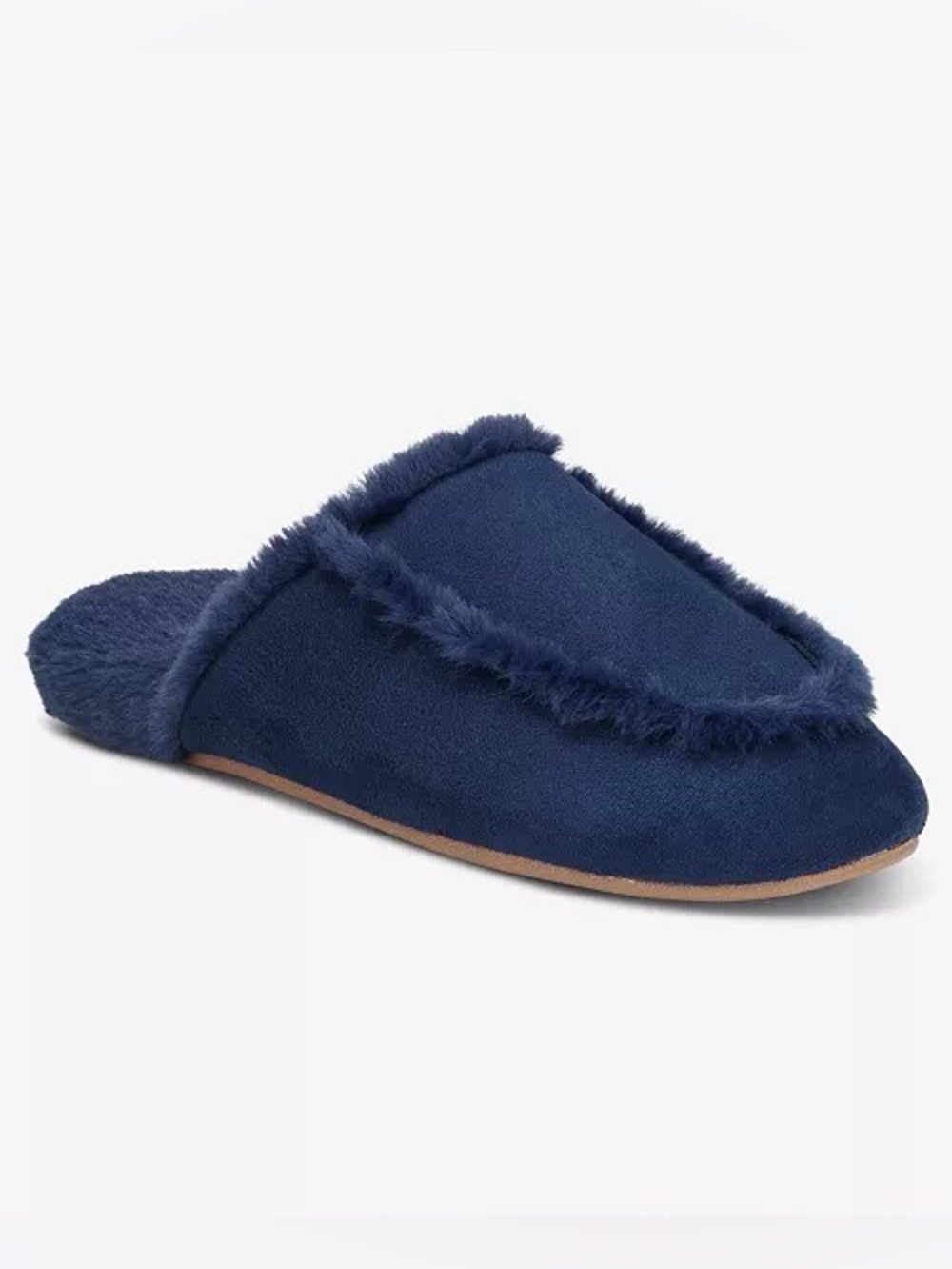 Charter Club Navy Faux-Suede Fur-Trim Slip-On Slippers